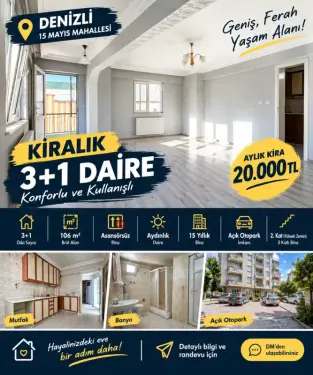 Denizli 15 Mayıs Mahallesi’nde Kiralık 3+1 Ferah ve Aydınlık Daire – 106 m²